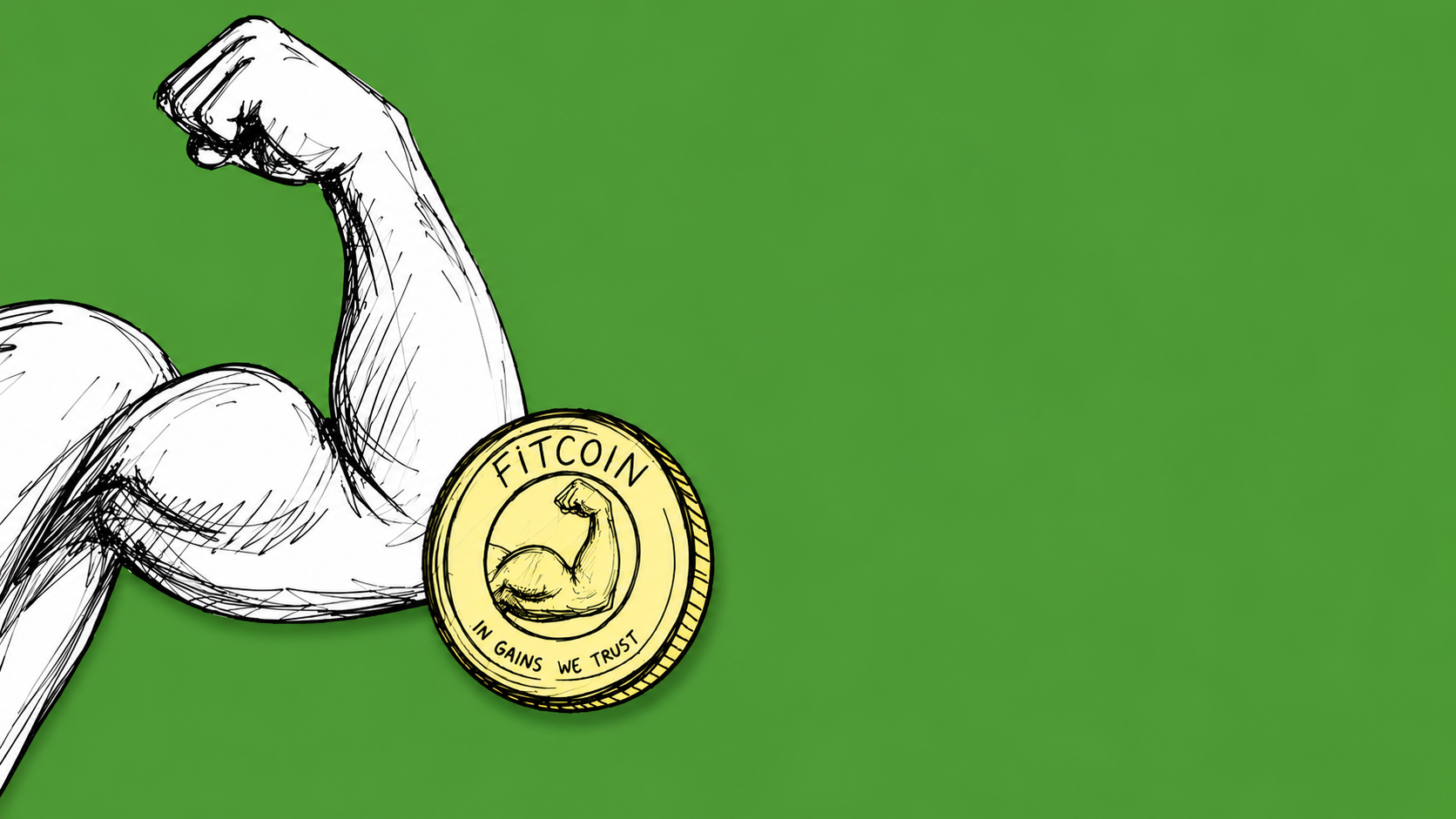 Fitcoin — a flexing arm beside the gold Fitcoin coin, In Gains We Trust